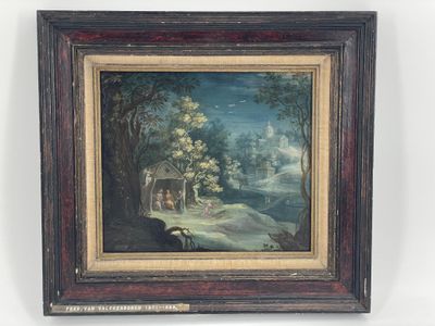 an oil painting of a landscape with sheep and a house in the distance