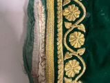an image of a close up of a green dress with gold embroidery
