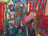 une peinture à l'huile représentant un chapiteau de cirque avec des personnes à l'intérieur