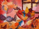 abstract painting of fruit and birds on a table with a window in the background