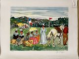 a painting of a group of people sitting on the grass