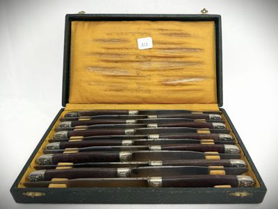 six knives in a case that are sitting in a box
