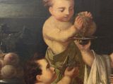 a painting of a baby holding a plate of food