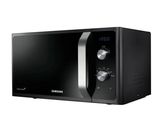 the samsung microwave oven is black and has a digital clock on it