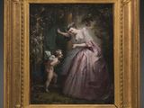 a painting of a woman in a pink dress with a child