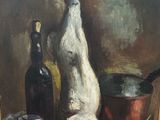 tableau représentant une nature morte avec un chien, un bol et une bouteille de vin