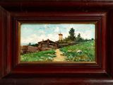 an oil painting of a farm scene with a small house in the foreground