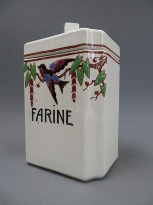LONGWY. Pot à farine en faïence et émaux polychrome, figurant un oisea - Photo 1