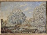une peinture à l'huile représentant un paysage avec des arbres en arrière-plan