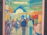 an oil painting of a crowd of people walking down a street