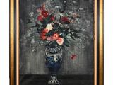 an oil painting of a vase with flowers in it on a table