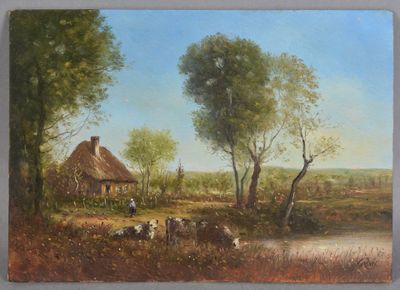un tableau représentant une scène de vie à la ferme avec des vaches et une maison au toit de chaume