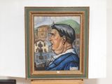 a painting of a man with a hat on a table