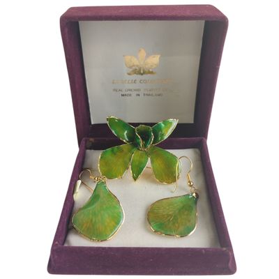 une paire de boucles d'oreilles vertes et dorées dans un coffret violet