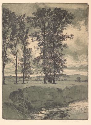 dessin représentant un paysage avec des arbres et un ruisseau au premier plan