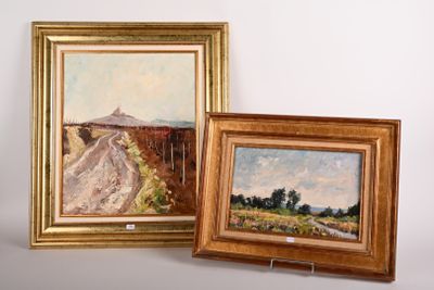 deux tableaux représentant un chemin de terre et un chemin de terre avec une maison au loin