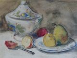 a painting of apples and pears on a plate