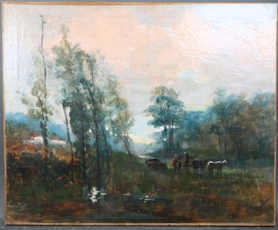 an oil painting of cows in a pasture with trees in the background