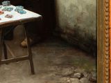 a painting of a man sitting at a table in a room