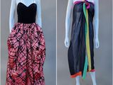 deux mannequins vêtus de robes noires et roses ornées de rubans colorés