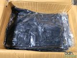a cardboard box that has a lot of black clothing in it