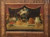 a picture of a painting of a table with food on it