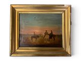 tableau représentant deux hommes à cheval dans un champ, avec un coucher de soleil en arrière-plan
