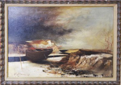 an oil painting of a boat on a beach next to a cliff