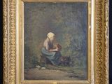 a painting of a woman kneeling down with a dog in her lap