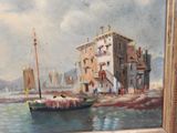painting of a boat in a body of water with a building in the background