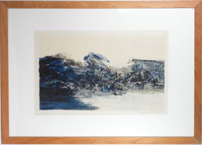 framed painting of a landscape with trees and mountains in blue and white