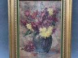 painting of a vase of flowers on a table with a blue background