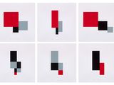a set of six black, red, and grey squares on a white background