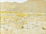 a picture of a painting of a town in the desert
