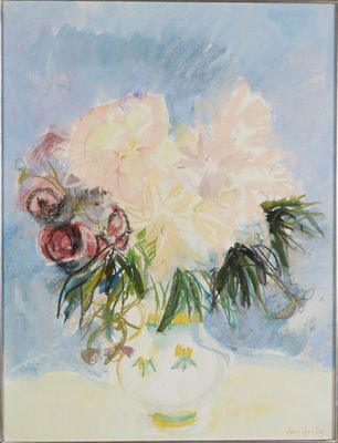 une peinture de fleurs dans un vase sur une table