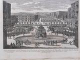 a picture of a drawing of a palace with horses and carriages
