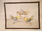 two birds that are standing in front of a table