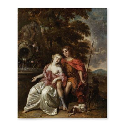 un tableau représentant un homme et une femme assis sur un banc avec un chien