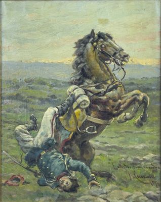 tableau représentant un homme tombant de cheval dans un champ