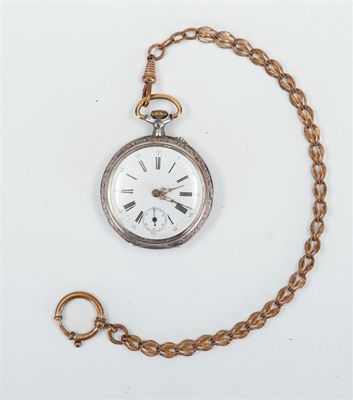 an old pocket watch with a chain around it on a white surface