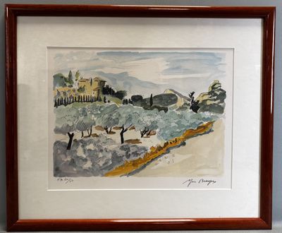 aquarelle encadrée représentant un paysage avec des oliviers et une église