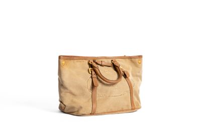 PRADA Sac cabas en nylon beige et cuir marron - Photo 1