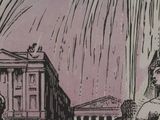 a drawing of a man standing in front of a building