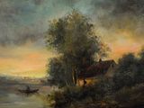 painting of a boat on a river at sunset with a house in the distance