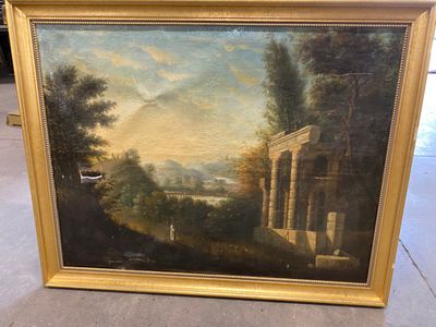 a painting of a painting of a landscape with trees and a building
