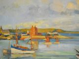 a painting of boats in a harbor with a castle in the background