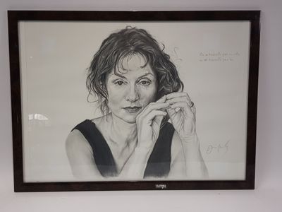 drawing of a woman in a black dress holding her hand to her chin