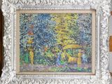 an image of a painting of people under a tree in a park