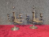 a pair of antique brass candelabs on a red carpet