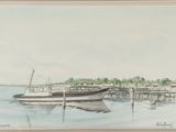 une aquarelle représentant un bateau amarré à un quai